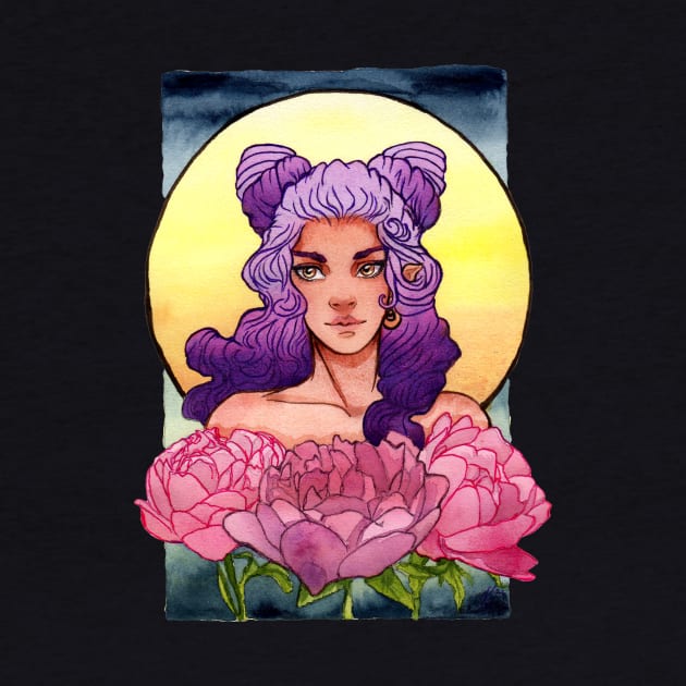 Girl with Purple Ombre Hair and Peonies by Doodleholic